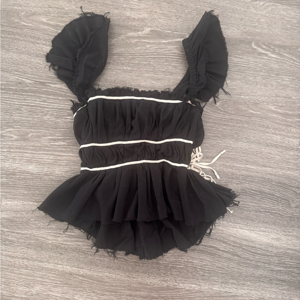 Free People Black Ruffled Peplum Tank with White Trim XS